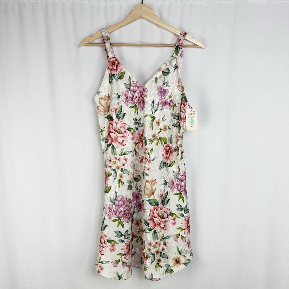 Vintage Kathryn Slip Dress Mini Satin Floral Print Ivory Pink Deadstock M NWT